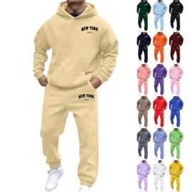 亚马逊跨境新款热卖男女街头潮流加绒连帽印花卫衣连帽衫套装爆款