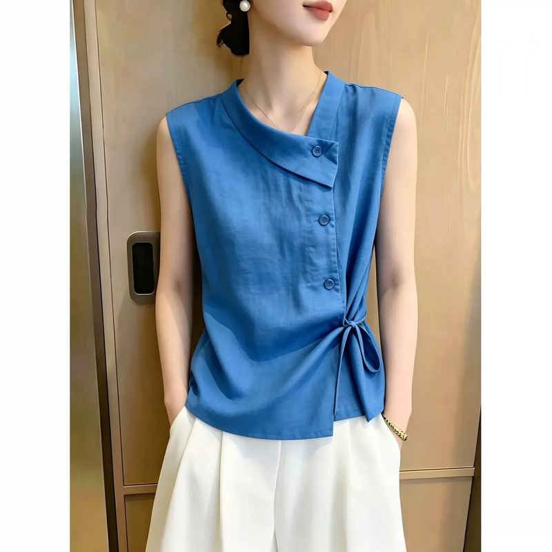 Light Luxury Style Blue Diagonal Collar Tie-Up Sleeveless Top for Women, 2026 Summer New Model, This Year's Popular Hot-Selling Plus-Size Shirt Light Luxury Style Blue Diagonal Collar Tie-Up Sleeveless Top for Women, 2026 Summer New Model, This Year's Popular Hot-Selling Plus-Size Shirt
