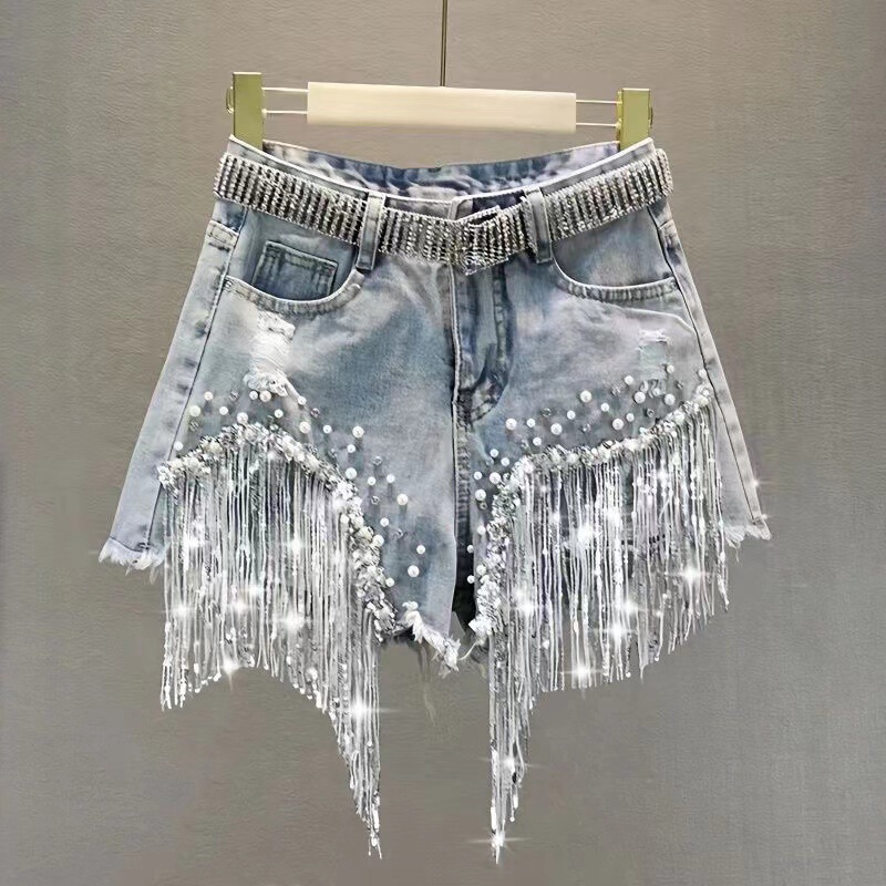 Denim Shorts Women's 2025 Summer New European High Waist Slimming Heavy Industry Beaded Sequins Tassel Ripped Copper Jeans