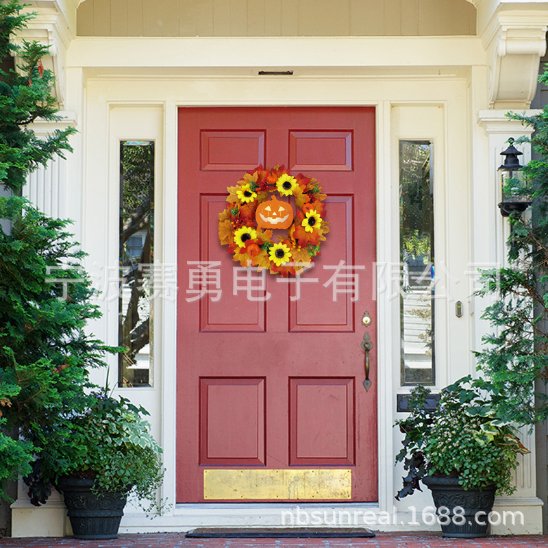 会发光南瓜灯花环万圣节花藤松果浆果感恩节花环家居装饰