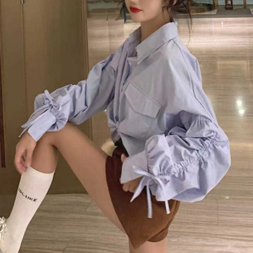 Designer V-Neck Top Spring and Autumn Chic French Babydoll Sweet Loose Fit Versatile Short Sleeve Top for Small Women