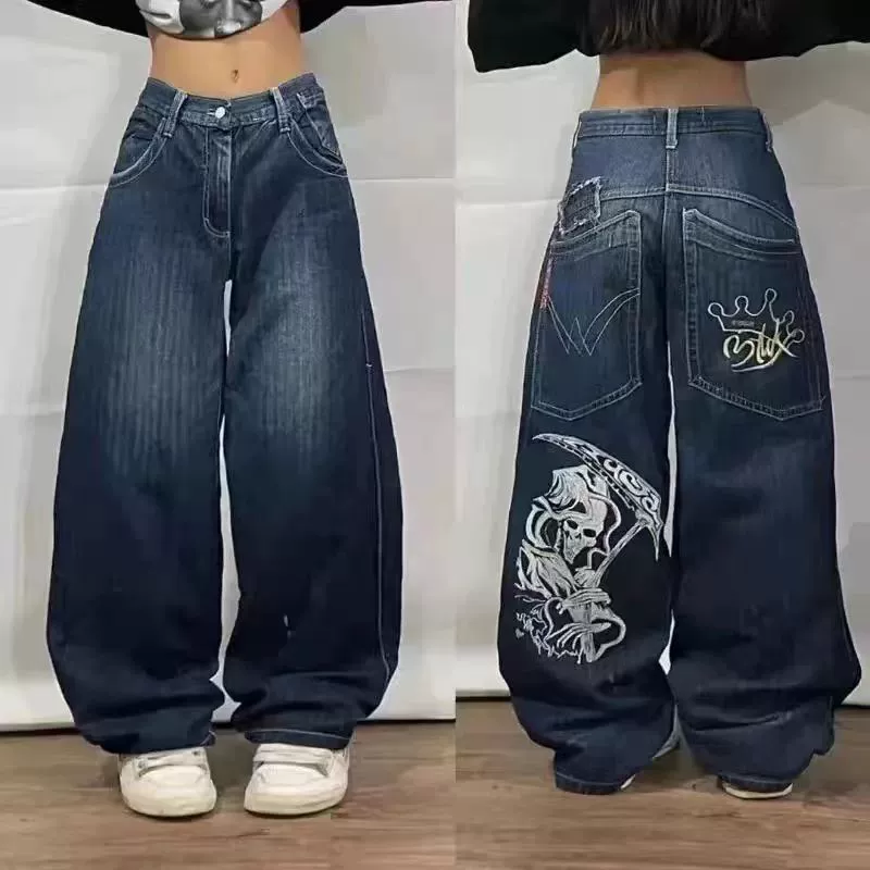 Джинсы (JNCO) унисекс свободного кроя из денима, вышивка, готический крое широкие