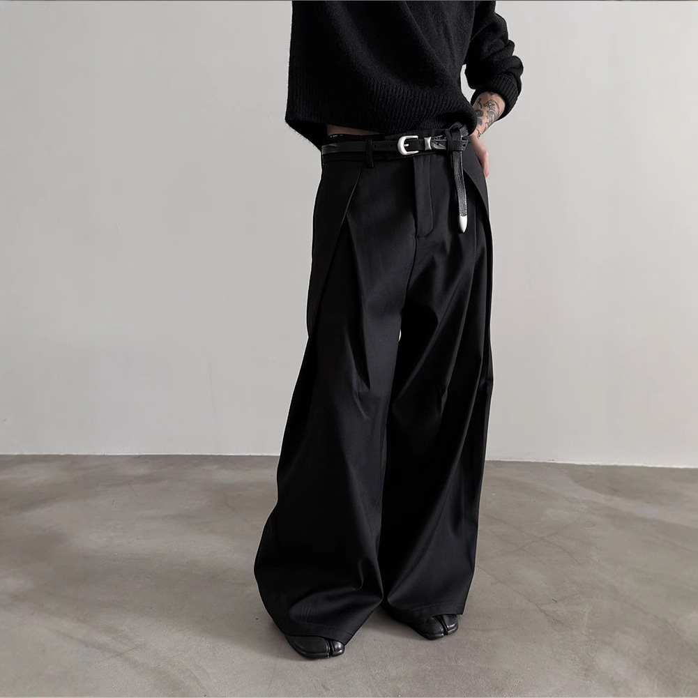 Dark Pleated Design Suit Pants for Men, Versatile Trendy Casual Wide-Leg Pants with Drape and Floor-Length