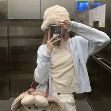 baby蓝色针织衫上衣女开衫短款设计感显瘦小个子毛衣外套马卡龙