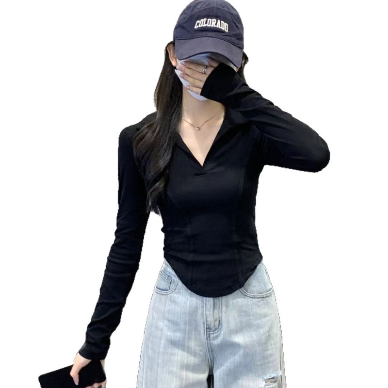 韩系气质修身正肩polo领打底长袖T恤女鱼骨设计感纯色纯欲风上衣|undefined