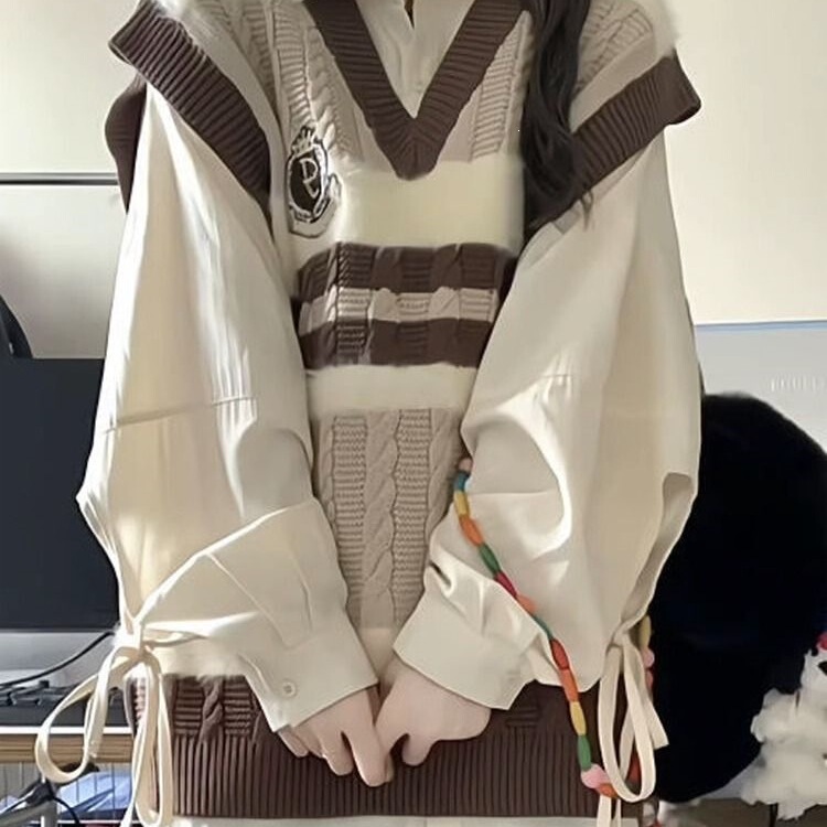 Two-piece set/spring and autumn new Japanese sweet college style color-blocked V-neck knitted vest and women's long shirt Two-piece set/spring and autumn new Japanese sweet college style color-blocked V-neck knitted vest and women's long shirt