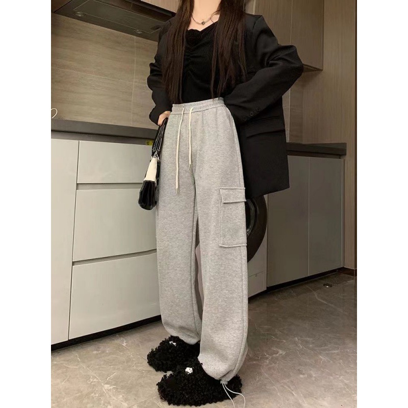 Pantalones cargo casuales de cintura alta para mujer, nuevo estilo de otoño, estilo retro americano, largos hasta el suelo, pantalones anchos de pierna recta que estilizan.