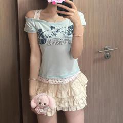 日本製甘くて可愛いソフトガール子供服デザートウサギ水玉キャミソールフェイクツーピース半袖Tシャツトップス