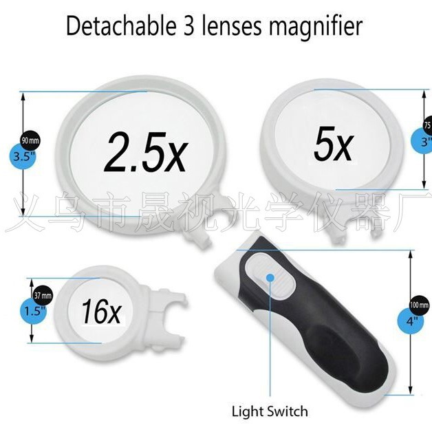 90mm手持式带LED灯 高倍高清阅读维修鉴定放大镜77390A+75B+37B