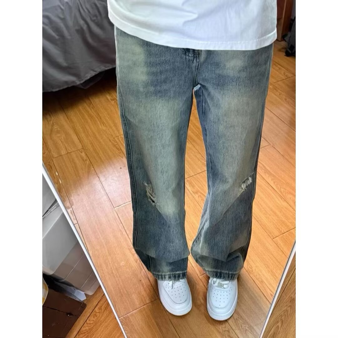 Jeans juveniles agujeros para hombres 2026 nuevos pantalones retro callejero delgado pantalones casuales recto para hombres
