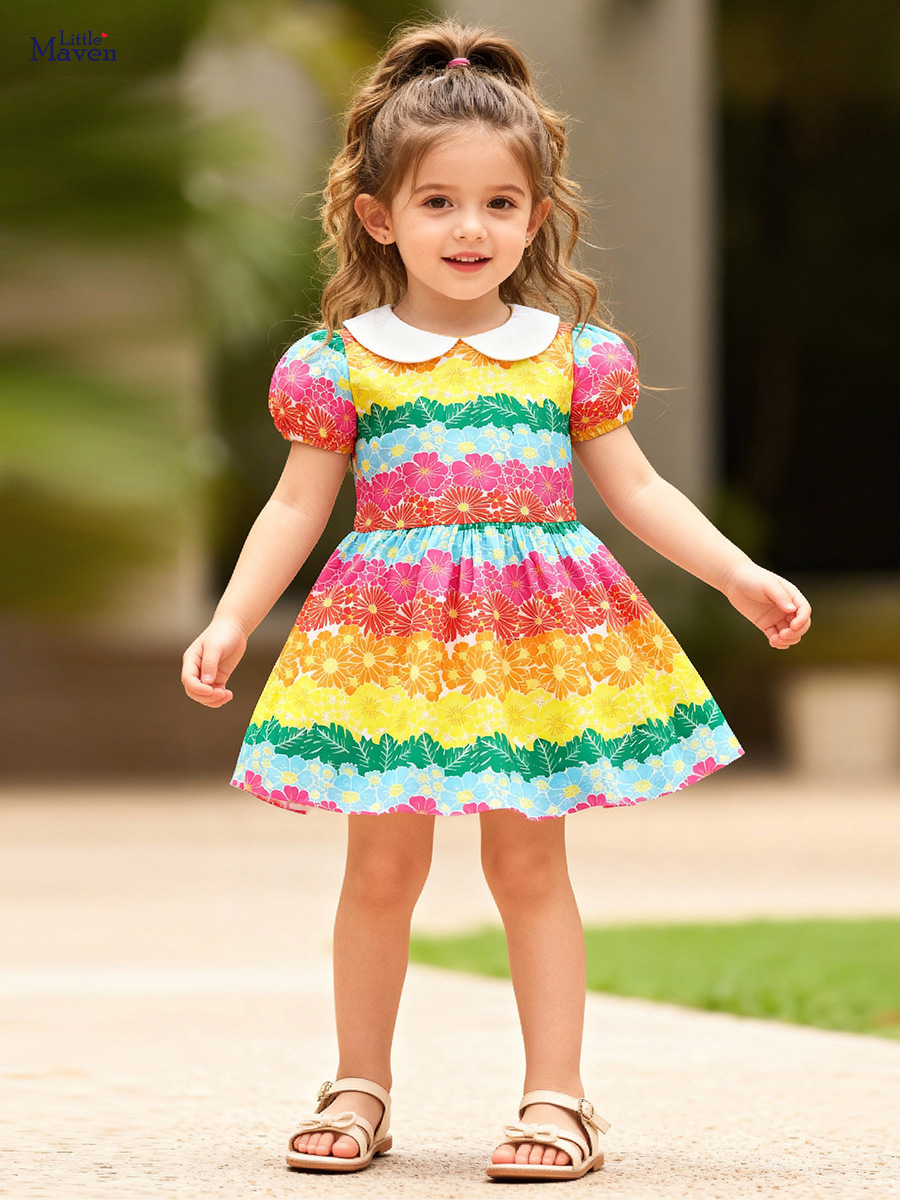 Little maven algodón europeo y americano vestido de princesa infantil de verano vestido de niña de mangas cortas vestido infantil transfronterizo
