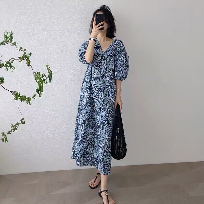 South Korea's Dongdaemun Summer New Style White Small Floral V Neck Loose Mid-Length Puff Sleeve Dress for Women Dress South Korea's Dongdaemun Summer New Style White Small Floral V Neck Loose Mid-Length Puff Sleeve Dress for Women Dress