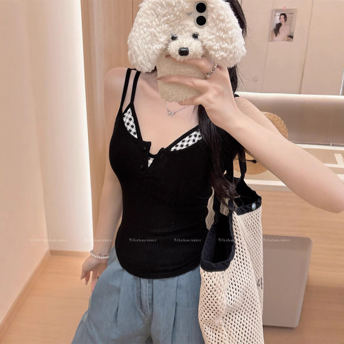 10121 Summer New Half-Sleeve Button Design Versatile Splicing Checkered One-Piece with Bra Cup Comfort Straps