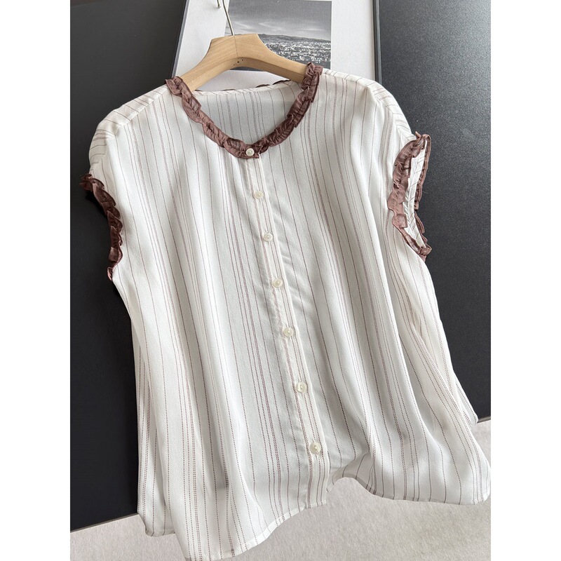 2026 New Silk Cardigan Blouse with Lace Collar, Summer Thin Silk Top Wholesale H19ET6679