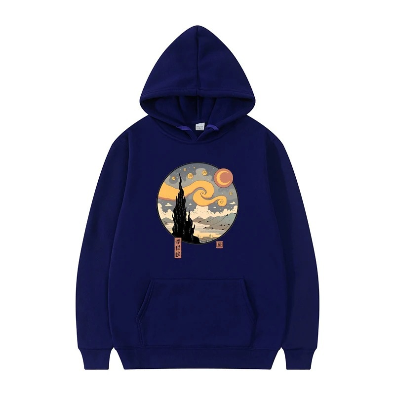 Starry Ukiyo-E Night Printed Hooded Sweatshirt Men's Autumn