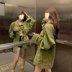 彼氏風秋長袖ゆるい緑のカウボーイコート女性春秋復古小柄ジャケットカーディガン服