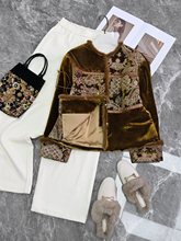 南油女装轻奢桑蚕丝丝绒重工绣花拼貂毛棉服新中式国风复古提花水