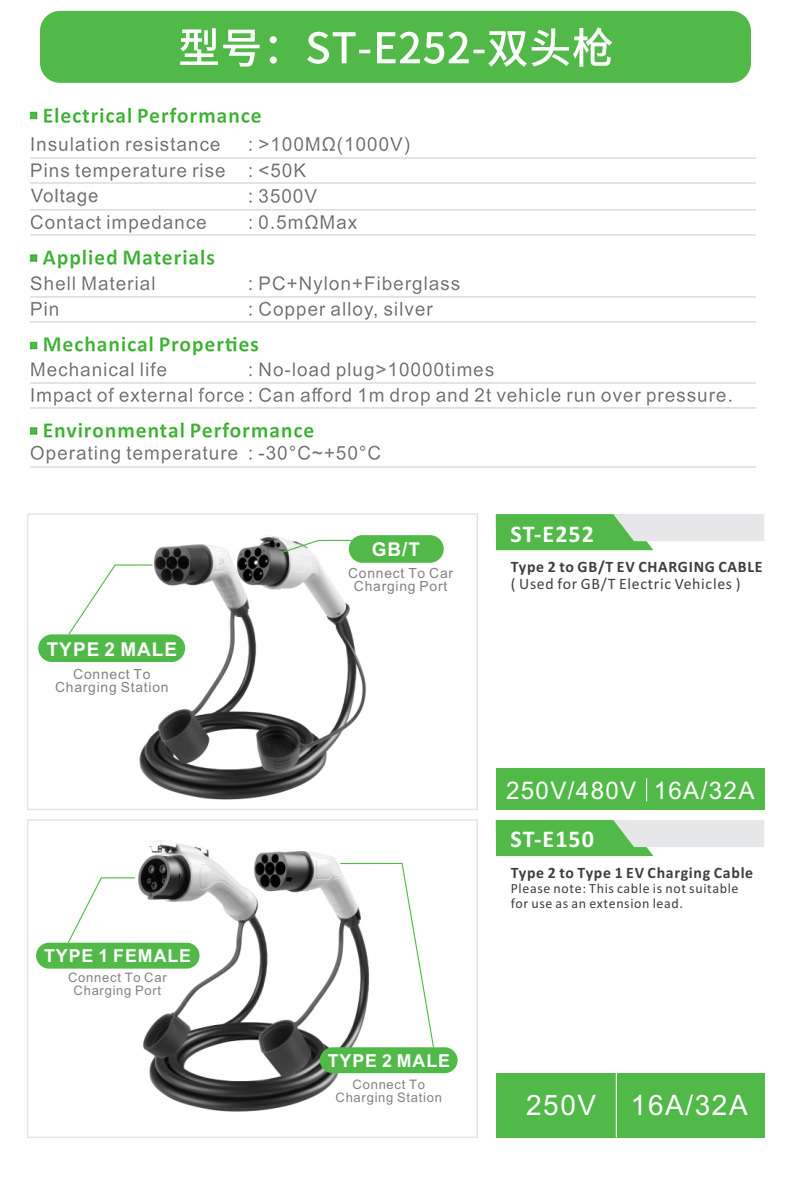 New Energy Gbt Electric Vehicle Charging Gun European Standard to National Standard Dual-Head Gun Car Charging Cable
