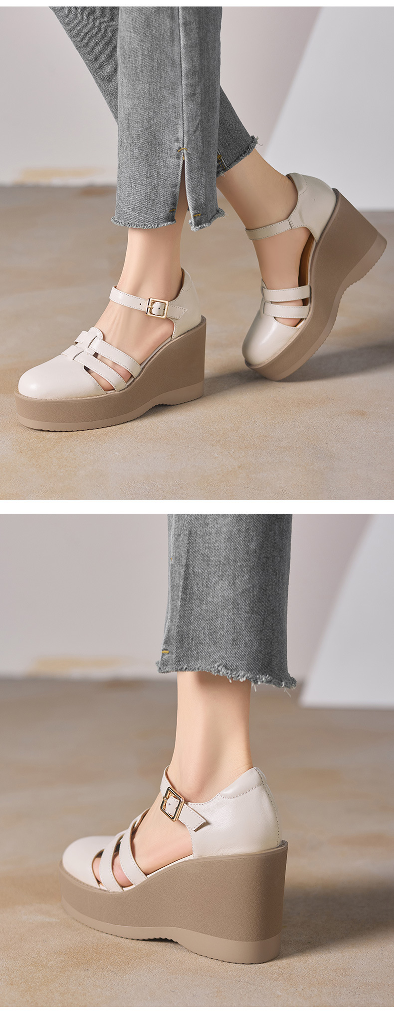 Sandal cao gót nữ đế dày 9,5 cm, mũi bít, dệt chéo, phong cách tổ chim — màu trắng ngà chi tiết 4