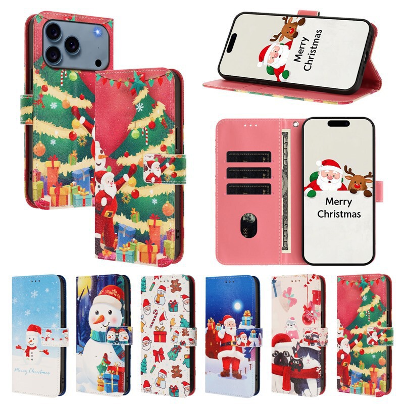 Cross-Border Applicable Iphone17 European and American Christmas Painted Card Apple 15/16 Foreign Style New Year Flip Leather Case