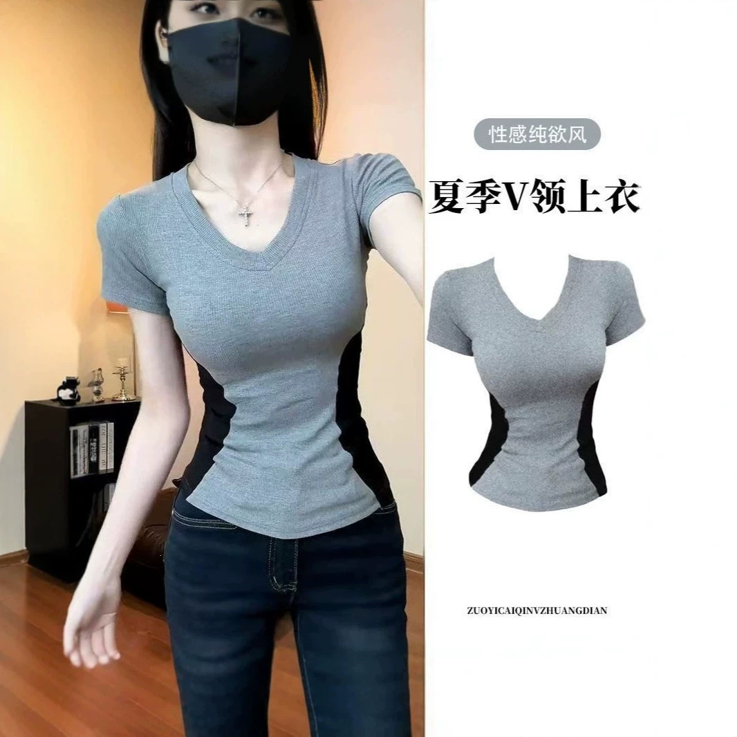 辣妹撞色v领正肩短袖t恤女设计收腰修身显瘦上衣源头工厂跨境批发