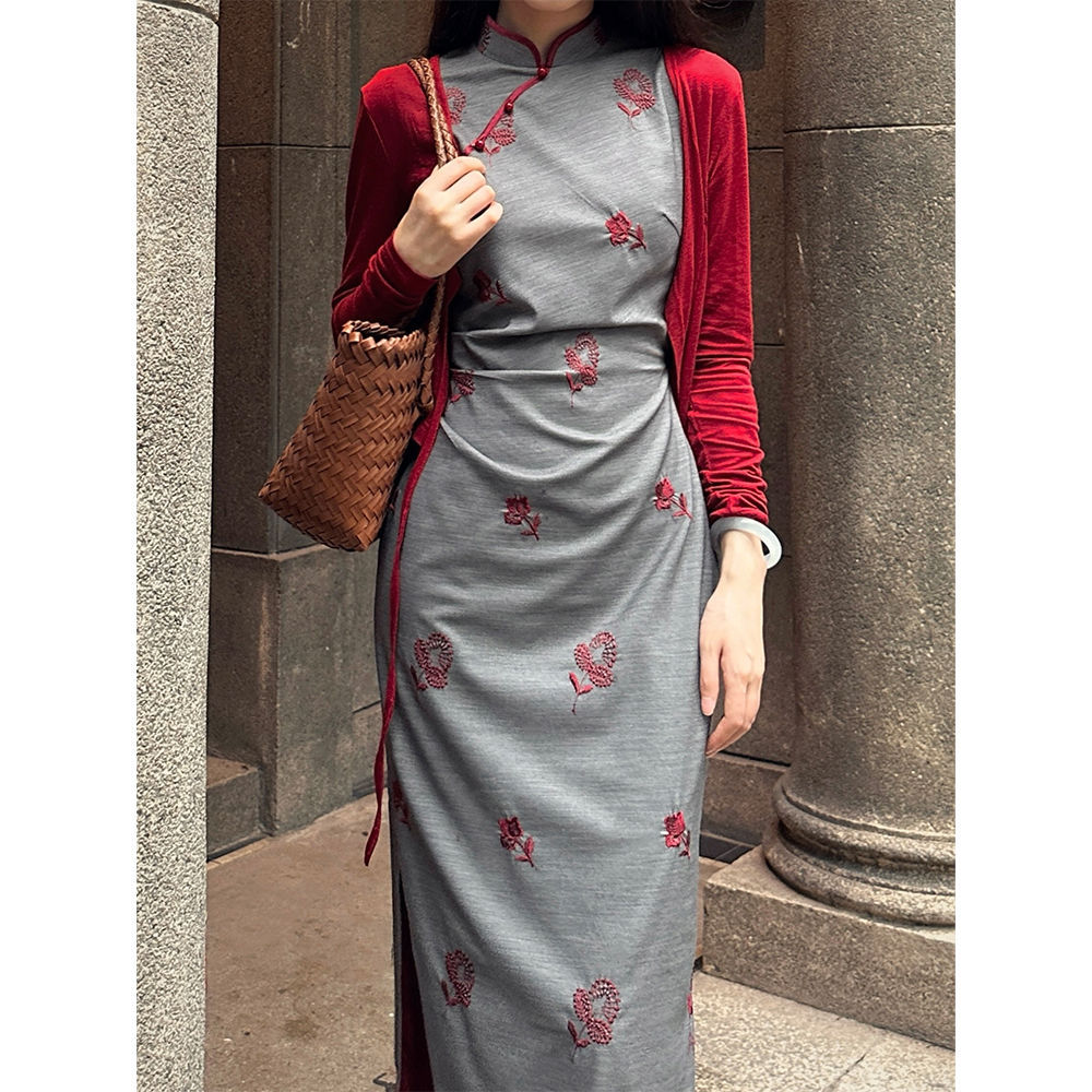 New Early Autumn Slim-Fitting New Chinese Style Waist Two-Piece Set with Floral Design Improved Cheongsam