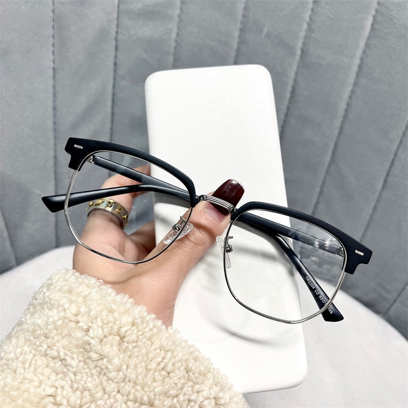 Gfas de marco negro para hombres, gafas de luz plana para mujeres, gafas de miopía de medio marco, gafas de marco de cara grande coreana, gafas de miopía de cara grande para adelgazar image 5