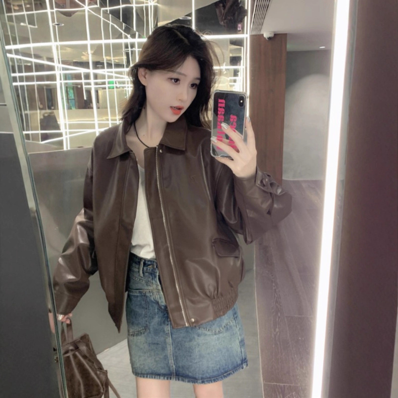 美式复古长袖皮衣外套女初秋季宽松翻领上衣小众设计感PU皮机车服|undefined