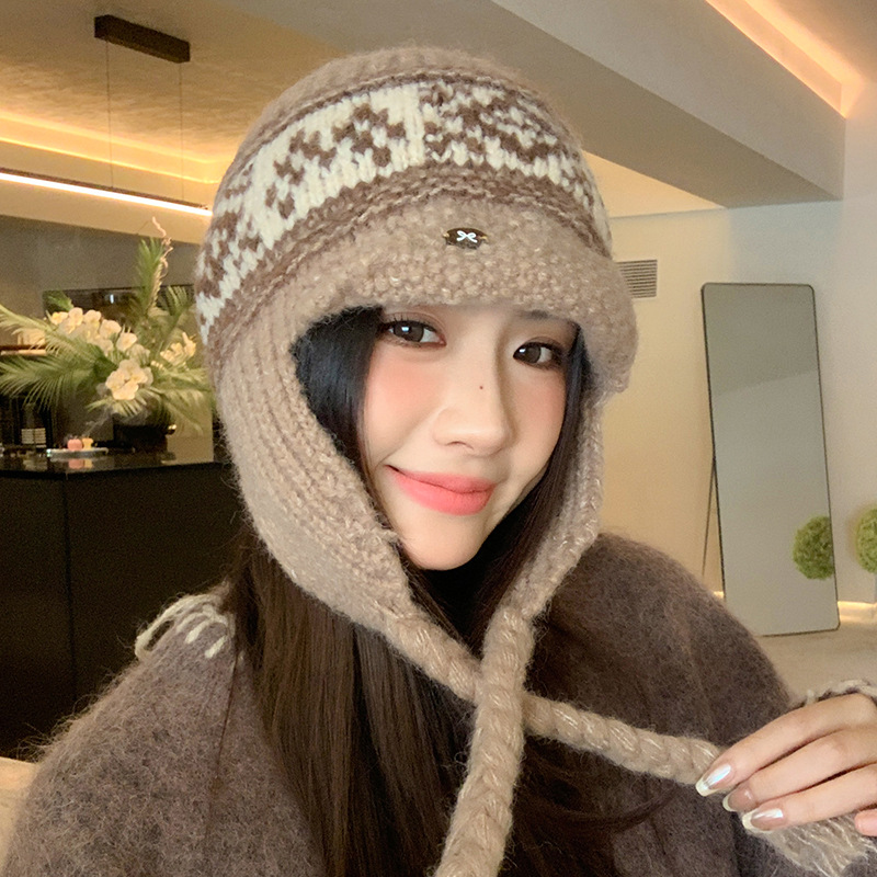 Fair Isle Style Retro Knitted Wool Autumn Winter Fleece Lined Thickened Warm Ear Protection Versatile Large Head_voghion.com