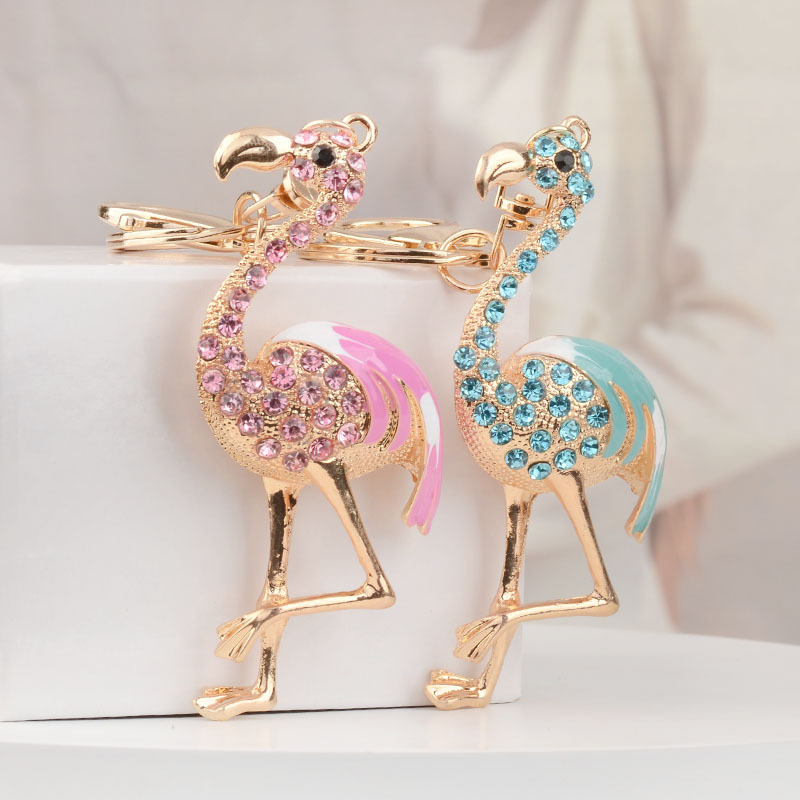 Oil-Drip Flamingo Creative Keychain Car Backpack Key Pendant Animal Bird Rhinestone Metal Key Chain Ring