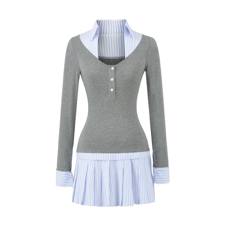 Fake Two-Piece Color-Block Long-Sleeve Dress for Women, 2026 Summer New Style, Spicy Girl Style, Patchwork Turn-Down Collar, Waist-Cinching, Slimming Pleated Skirt Fake Two-Piece Color-Block Long-Sleeve Dress for Women, 2026 Summer New Style, Spicy Girl Style, Patchwork Turn-Down Collar, Waist-Cinching, Slimming Pleated Skirt