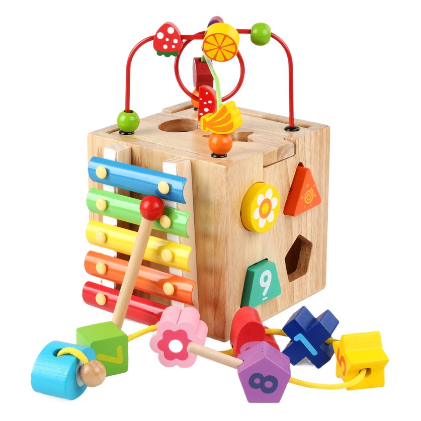 Cubo de actividad de madera 8-en-1 Montessori juguetes adecuados para regalos de cumpleaños de 1 año, juego de juguetes para bebés