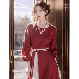 毛衣裙女秋冬中长款新中式汉服改良版旗袍高端红色针织连衣裙褶皱