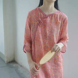 中式棉麻连衣裙女夏薄款高端茶服棉麻旗袍粉改良显瘦文艺复古国风