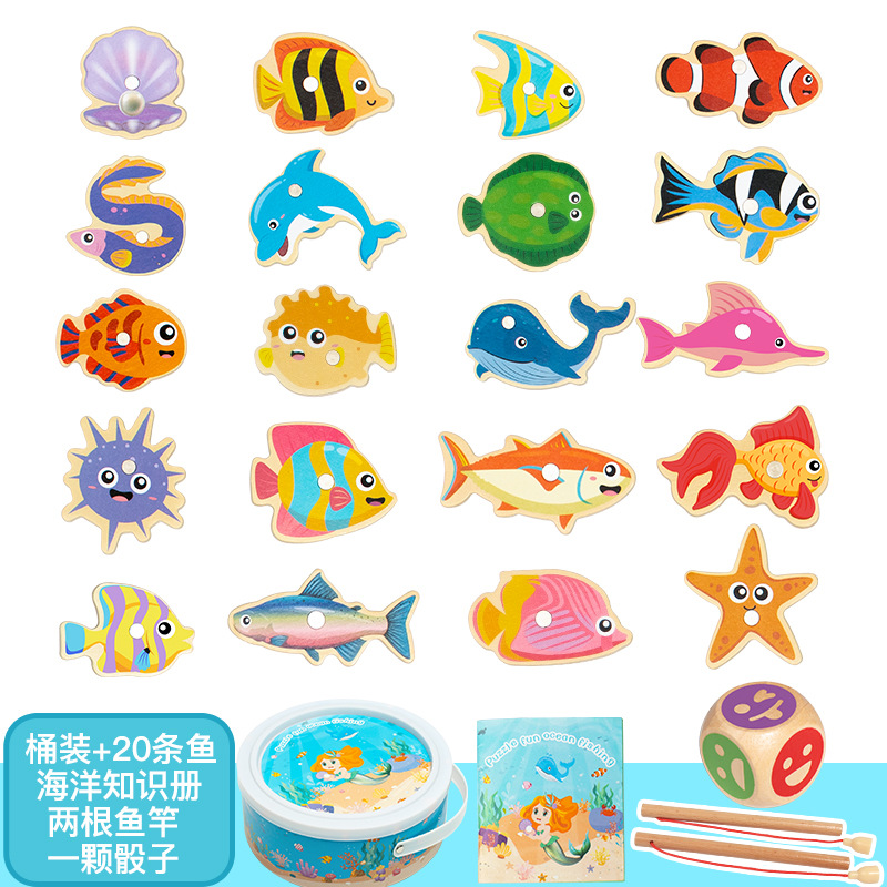 Barril portátil de madera pesca marina magnética rompecabezas para niños cognición interacción entre padres e hijos coordinación ojo-mano juguetes de educación temprana