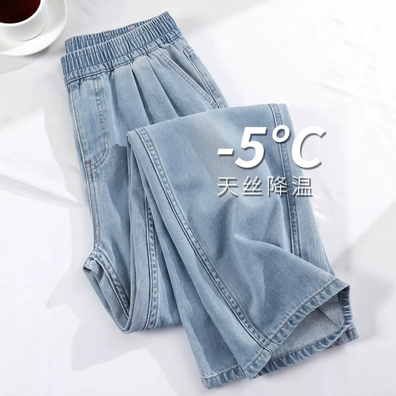Tencel Jeans for Women, Summer Thin High-Waisted Straight Loose Narrow-Fit Petite Elastic Waist Ice Silk Wide-Leg Pants