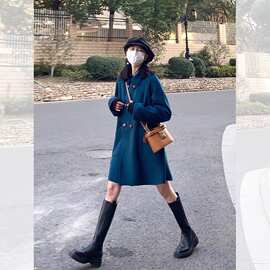 蓝色翻领双排扣毛呢外套女秋冬季气质休闲显瘦减龄中长款呢子大衣
