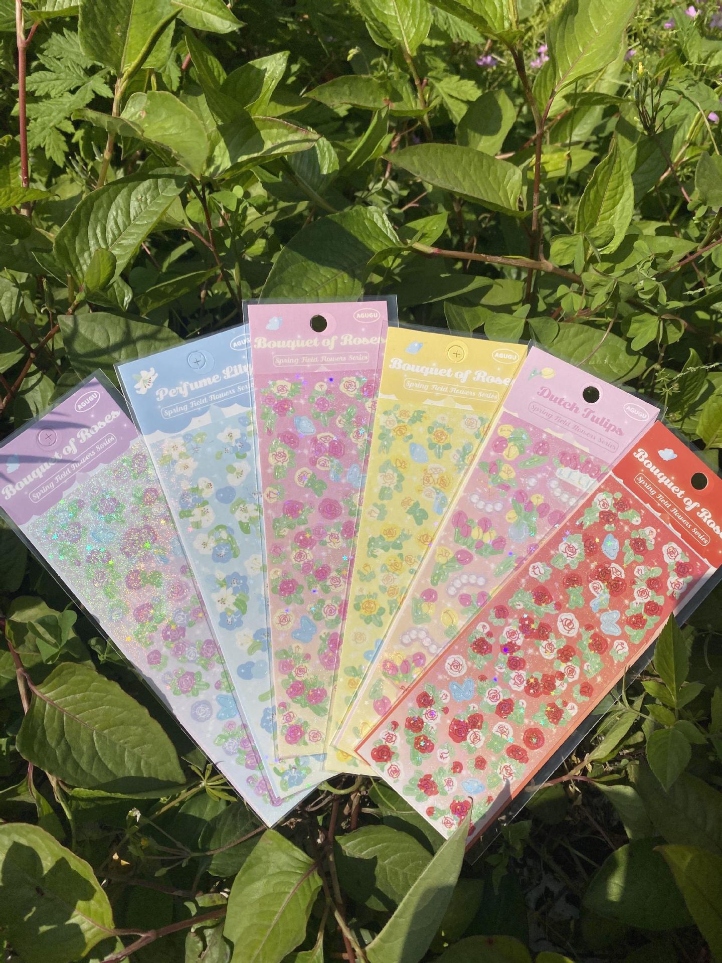 fresh flower Flowers the republic of korea ins rose Retro Sticker laser Silk ribbon Coloured ribbon Hand account source material Sticker