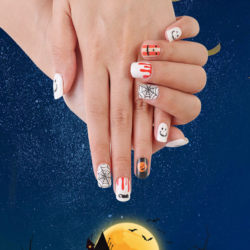 Uña de Halloween, esmalte de uñas, gota de sangre, calabaza, araña, tela de araña, pieza de uñas, uñas, uñas, uñas