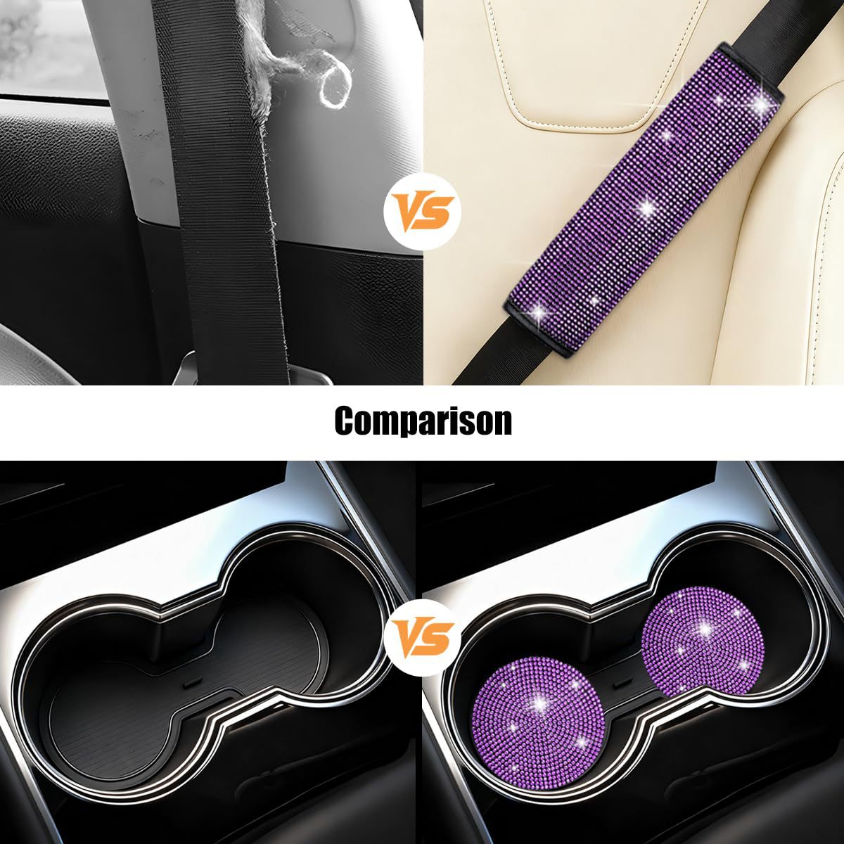 11-Piece Car Interior Set with Diamond-Encrusted Steering Wheel Cover, Car Hook, Glasses Holder, One-Touch Start Ring