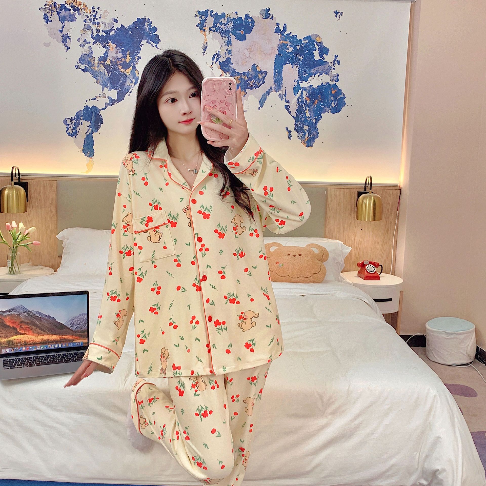 Pijamas al por mayor transfronterizos de mujeres otoño invierno manga larga princesa de dibujos animados de ternilla viento red roja cardigán otoño invierno ropa de hogar se puede usar fuera
