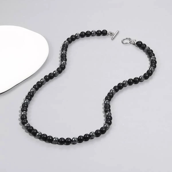 33g Weight Necklace Classification Ethnic Style Solid Color Stainless Steel Natural Stone Beaded Handmade Men's Necklace