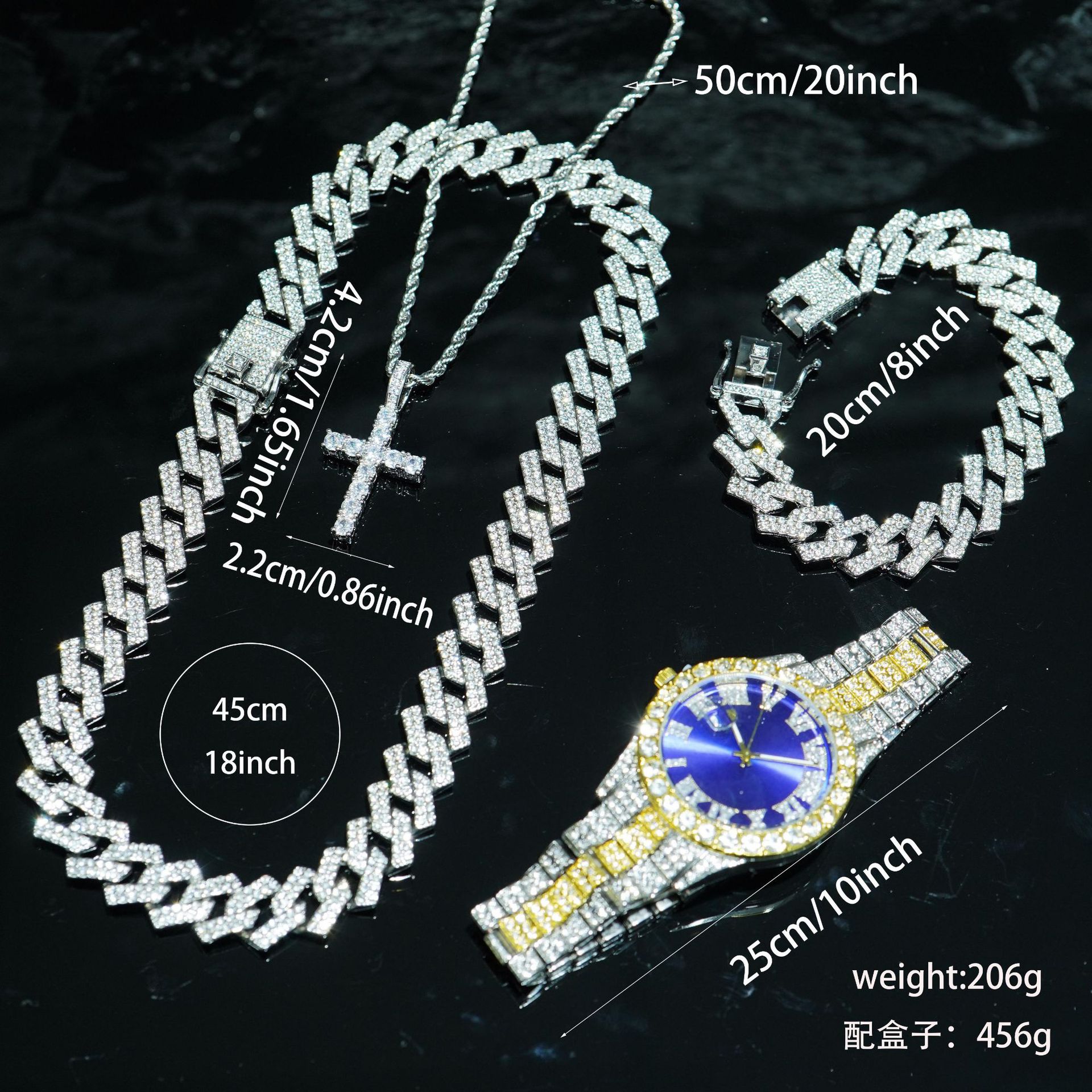 Aleación Hip Hop Diamond Reloj romano Juego de pulsera cubana Calendario de aleación de zinc Reloj de cuarzo wristwatches