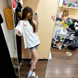 女中大童装美式刺绣条纹短袖T恤2026新款宽松韩版显瘦上衣ins爆