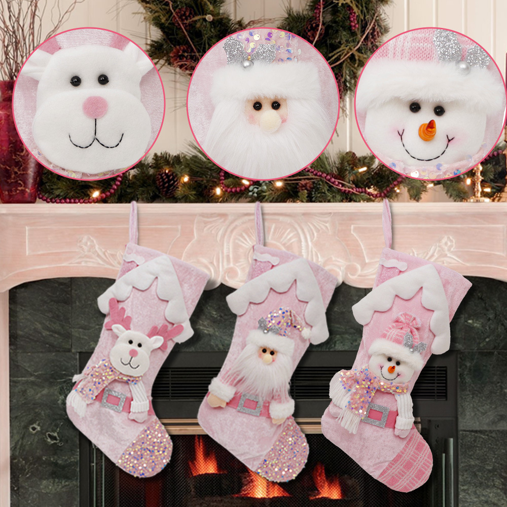 Bolsa de regalo de medias de Navidad de sequillas rosa transfronterizas muñeco de nieve osos decoración de escalera de chimenea colgante