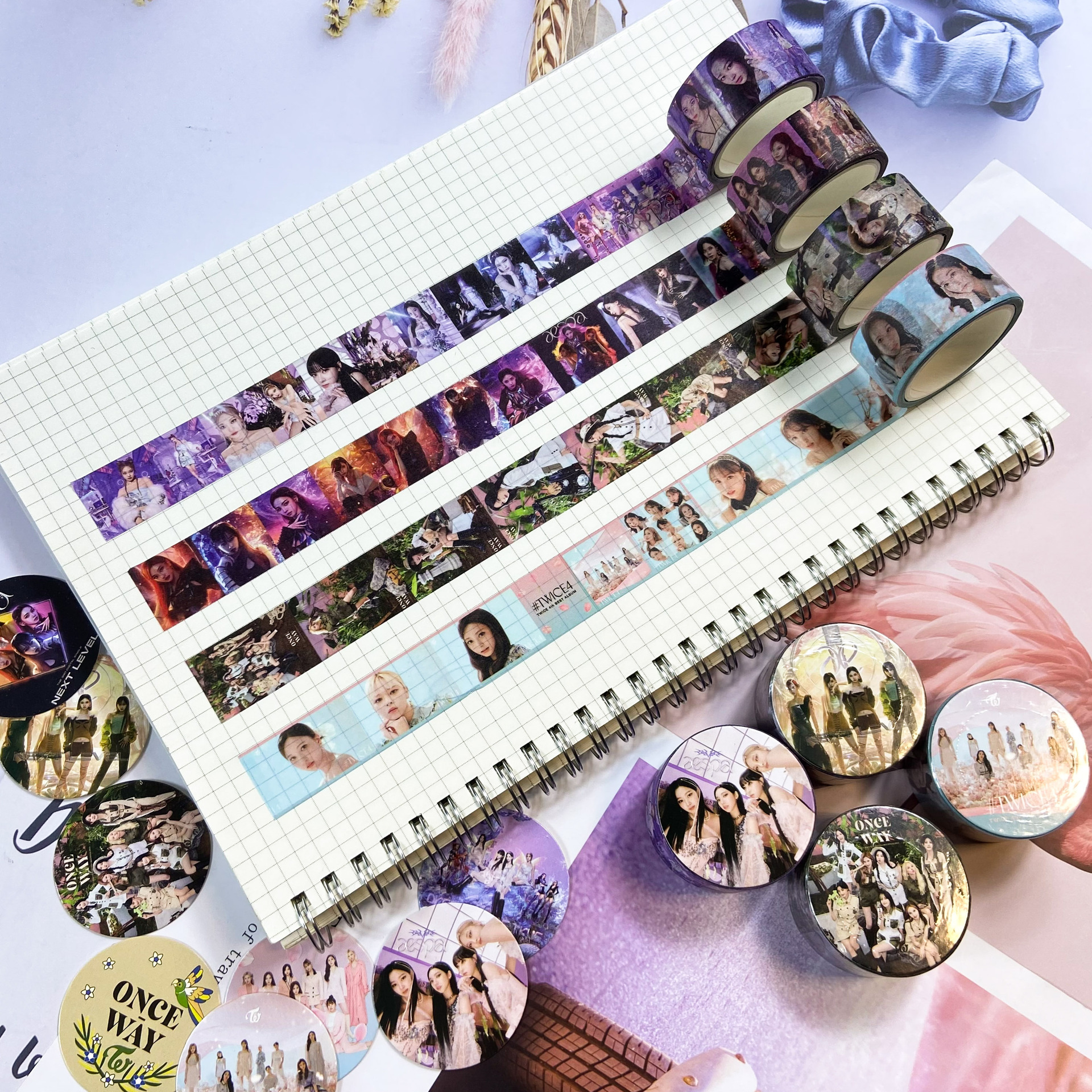 Aespa's Chae Lim stationery tape, Twice's Jihyo album "Formula of Love" notebook stickers