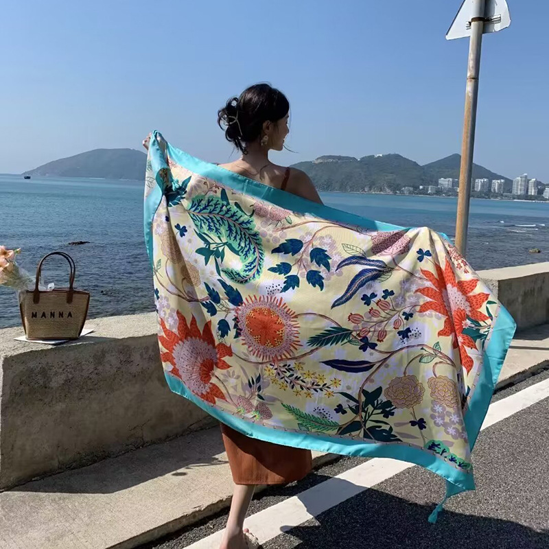 Sopa de satén de twill para mujeres 2025 bufandas de viento nacional de verano tibetanas bufandas de seda protector solar lago Qinghai turismo foto toalla de playa