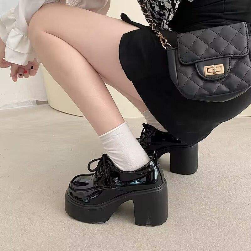 Black Lace-Up Thick High-Heeled Mary Jane Shoes for Women 2025 Autum New Retro British Style Round-Toe Thick-Soled Small Leather Shoes