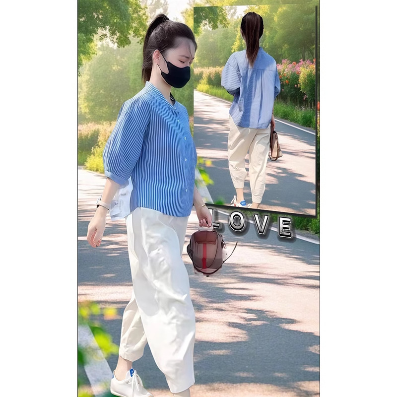 夏装搭配一整套炸街减龄气质简约条纹衬衫女显瘦九分休闲裤两件套|undefined
