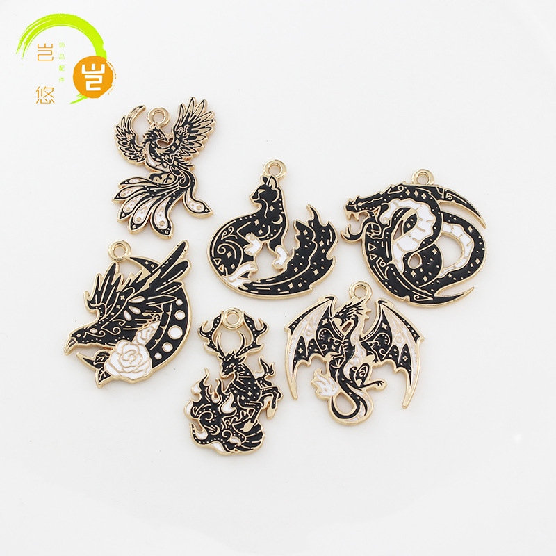 黑白龙凤巨蟒鹰鹿 滴油合金耳环挂件环饰品发饰吊坠diy饰品配件